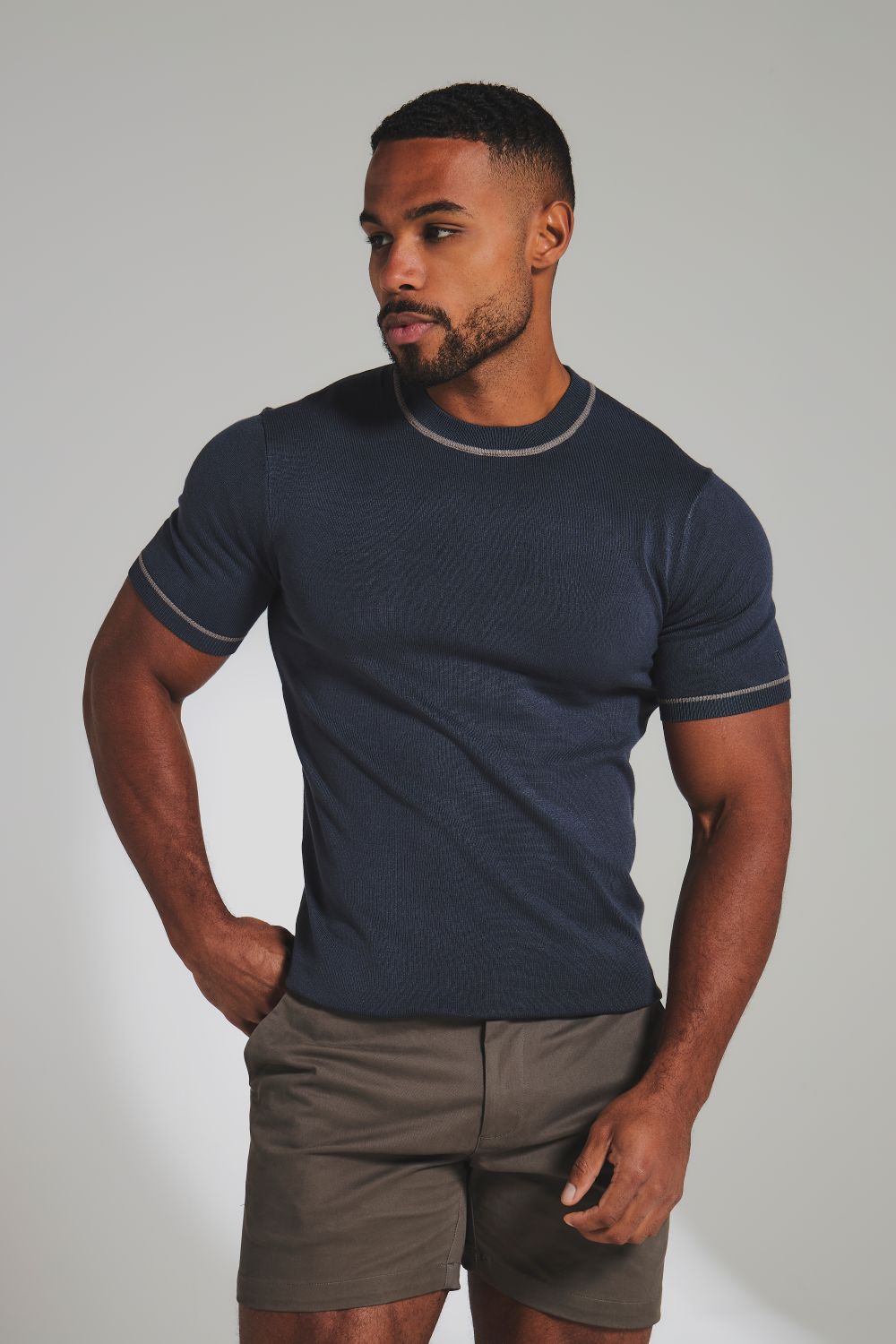 Contrast Tipped Knitted T-Shirt in Steel Blue and Grey