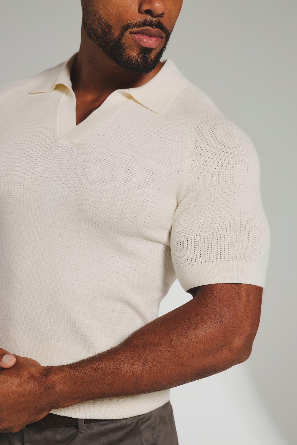 Square Textured Knitted Open Collar Polo Shirt in Ecru