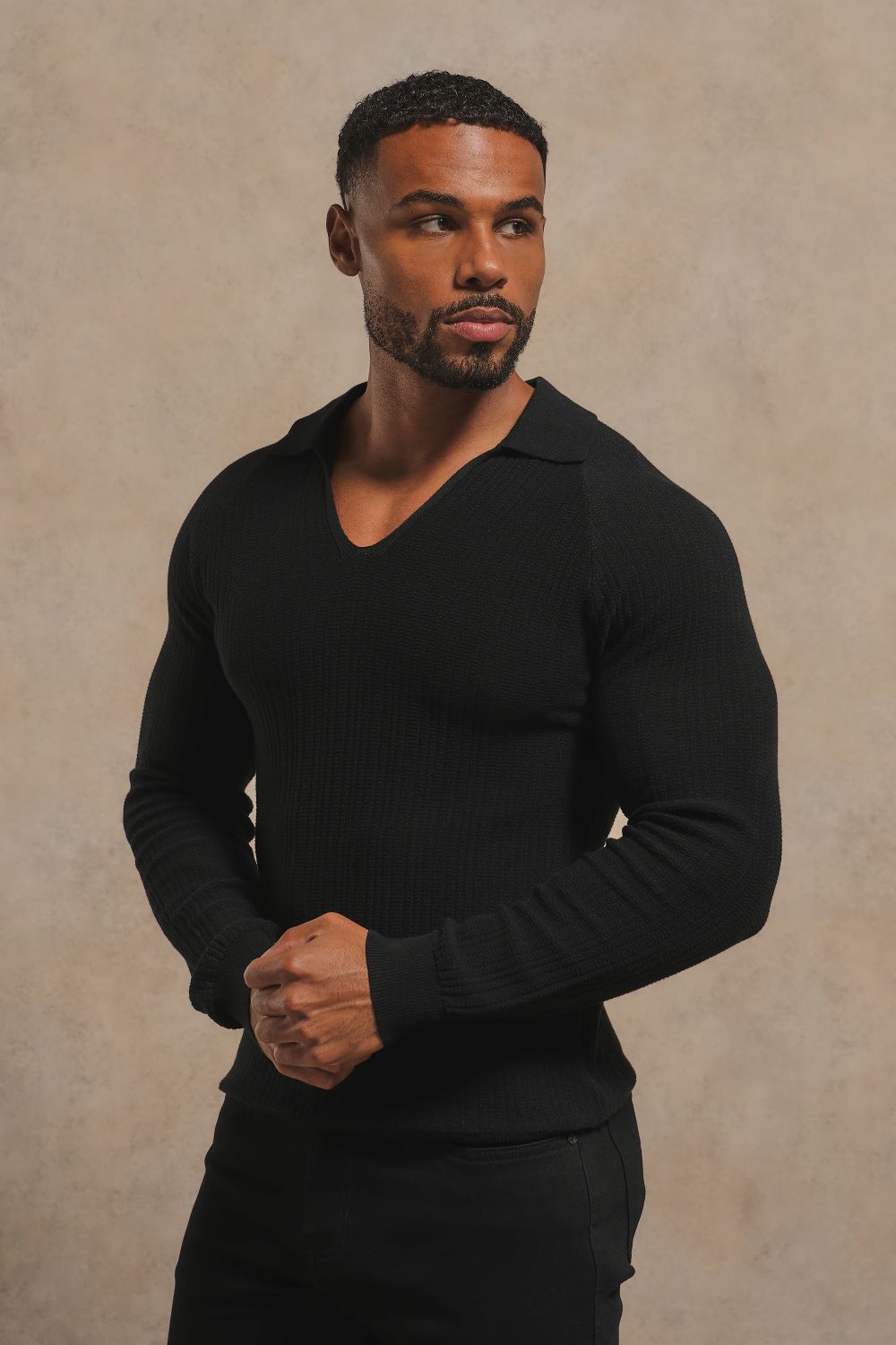 Textured Knitted V-Neck Open Collar Polo Shirt in Black