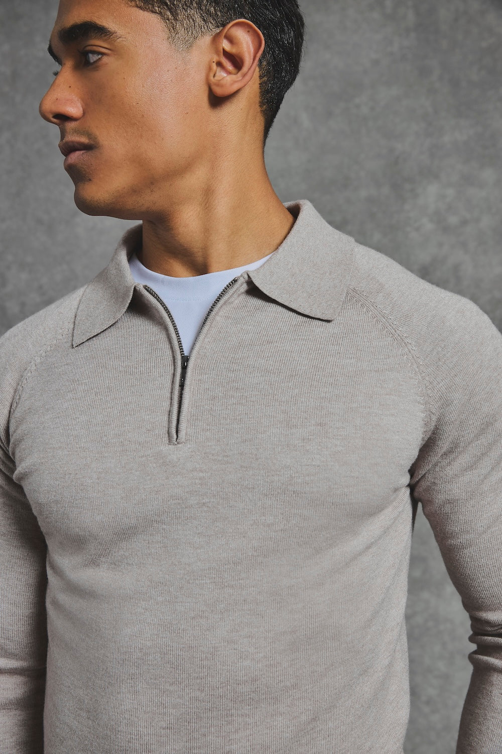 Knitted Half Zip Polo Shirt in Dark Oatmeal