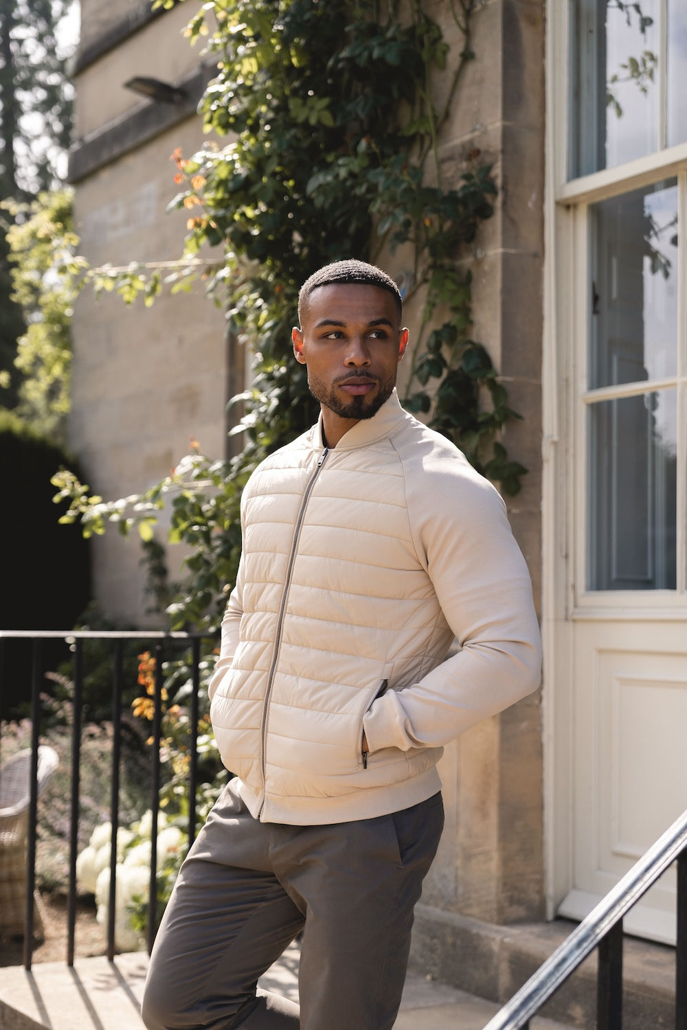Quilted Hybrid Bomber Jacket in Neutral