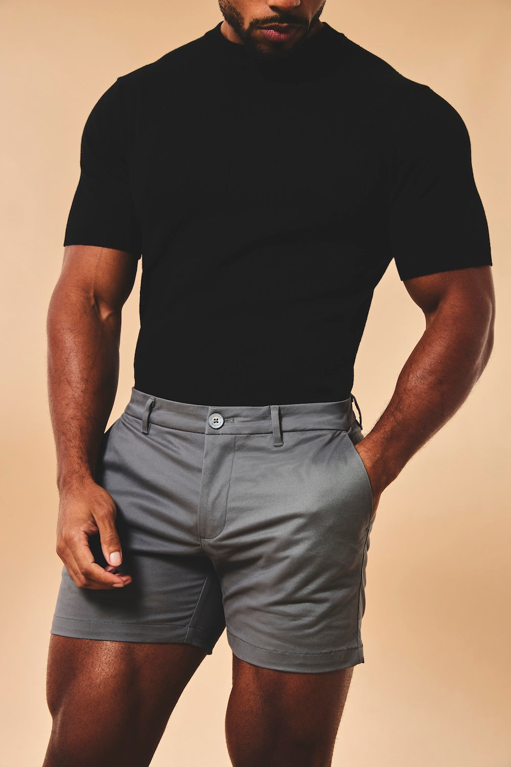 Muscle Fit Stretch Chino Shorts-Shorter Length in Dark Pewter
