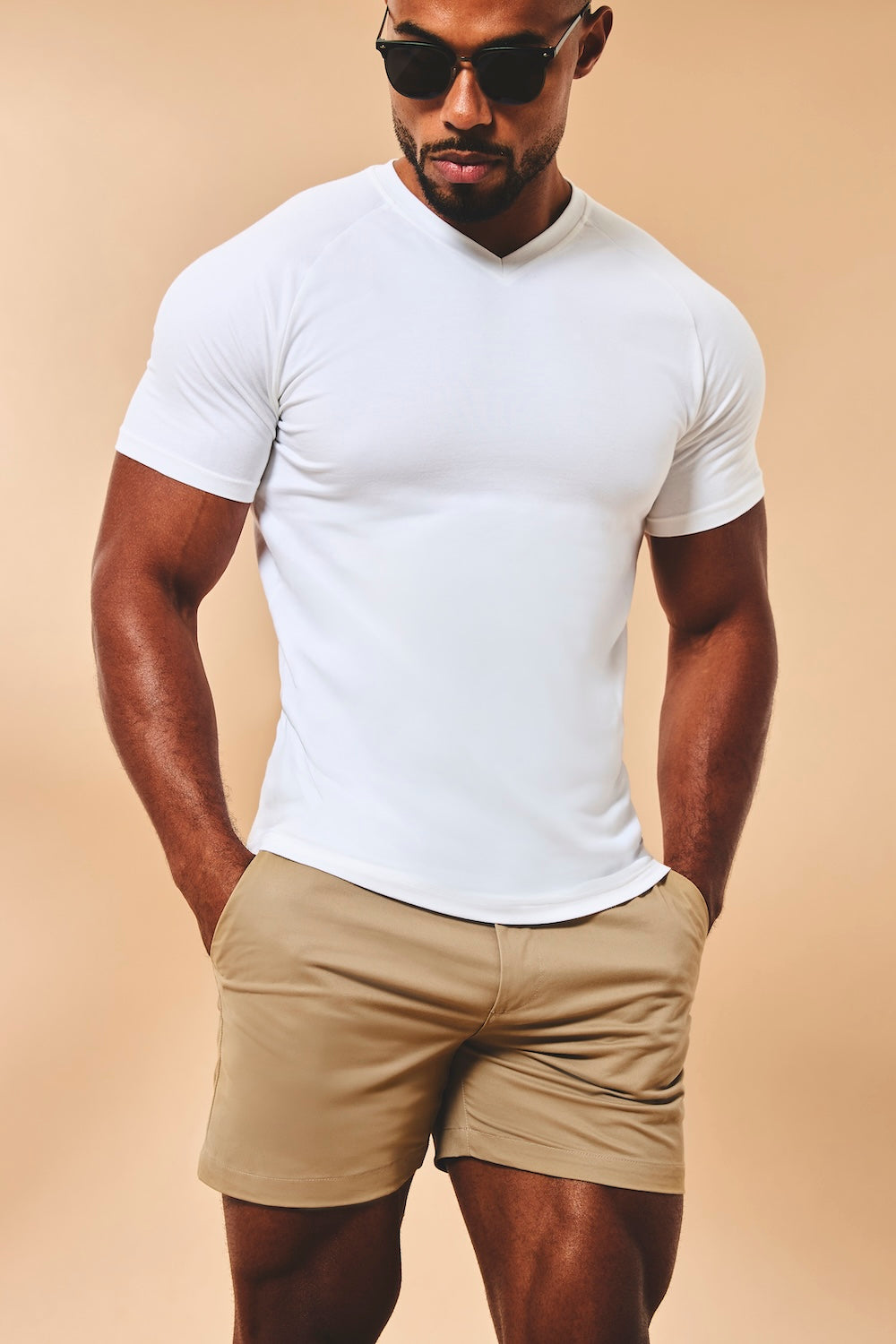 Muscle Fit Stretch Chino Shorts-Shorter Length in Dark Stone