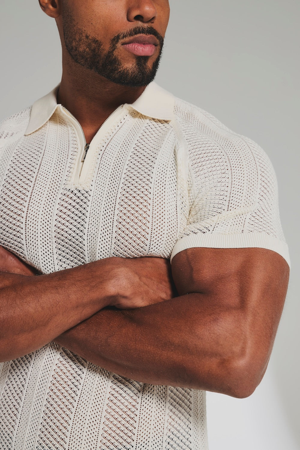 Textured Knitted Zip Neck Polo Shirt In Chalk