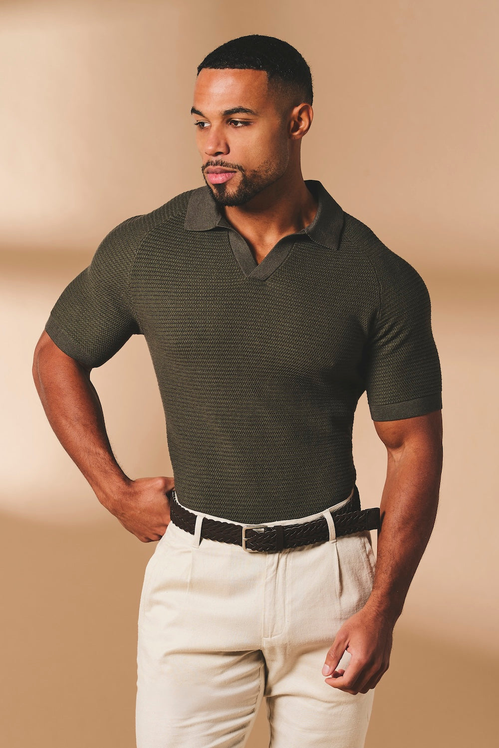 Textured Knitted Open Collar Polo Shirt in Dark Olive
