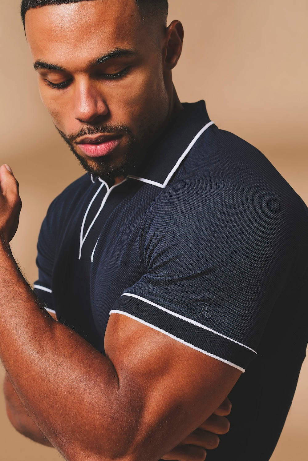 Tipped Textured Open Collar Polo Shirt in Navy and White
