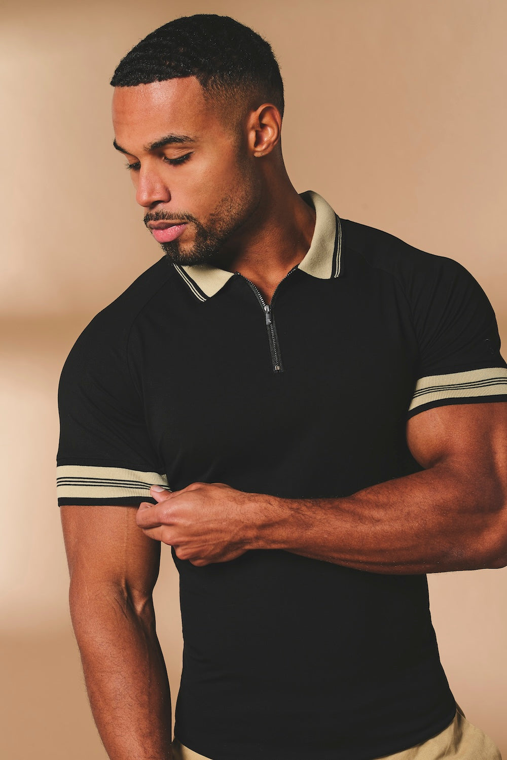 Tipped Zip Neck Polo in Black and Stone