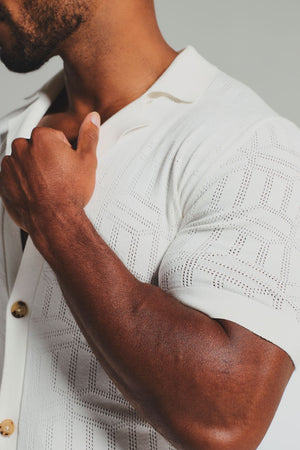 Geo Jacquard Revere Collar Knitted Shirt in White