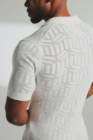 Geo Jacquard Revere Collar Knitted Shirt in White