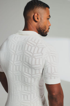 Geo Jacquard Revere Collar Knitted Shirt in White