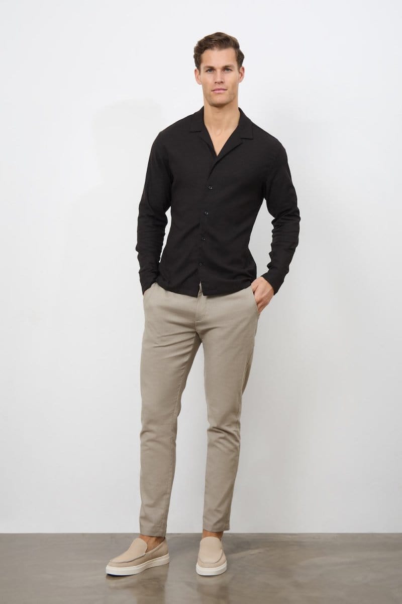 Linen Blend Cuban Collar Shirt in Black - TAILORED ATHLETE - ROW