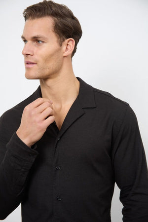 Linen Blend Cuban Collar Shirt in Black - TAILORED ATHLETE - ROW