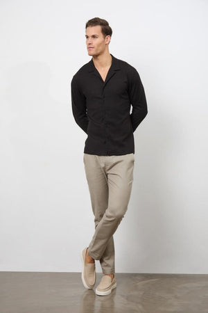 Linen Blend Cuban Collar Shirt in Black - TAILORED ATHLETE - ROW