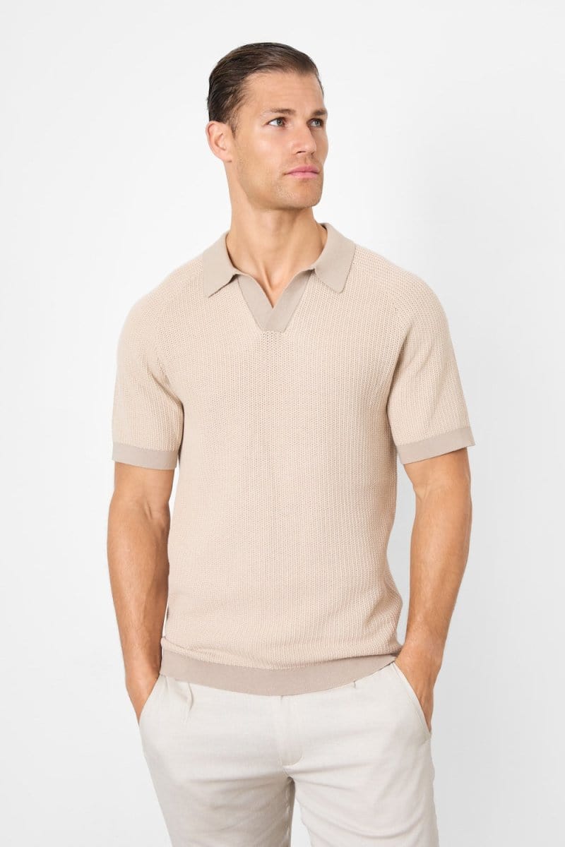Contrast Textured Knitted Polo Shirt in Stone - TAILORED ATHLETE - ROW