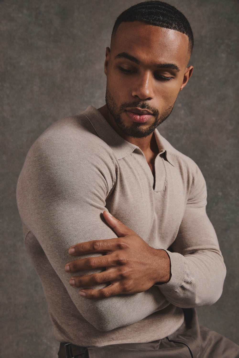 Pure Cotton Knitted Open Collar Polo Shirt in Neutral Marl