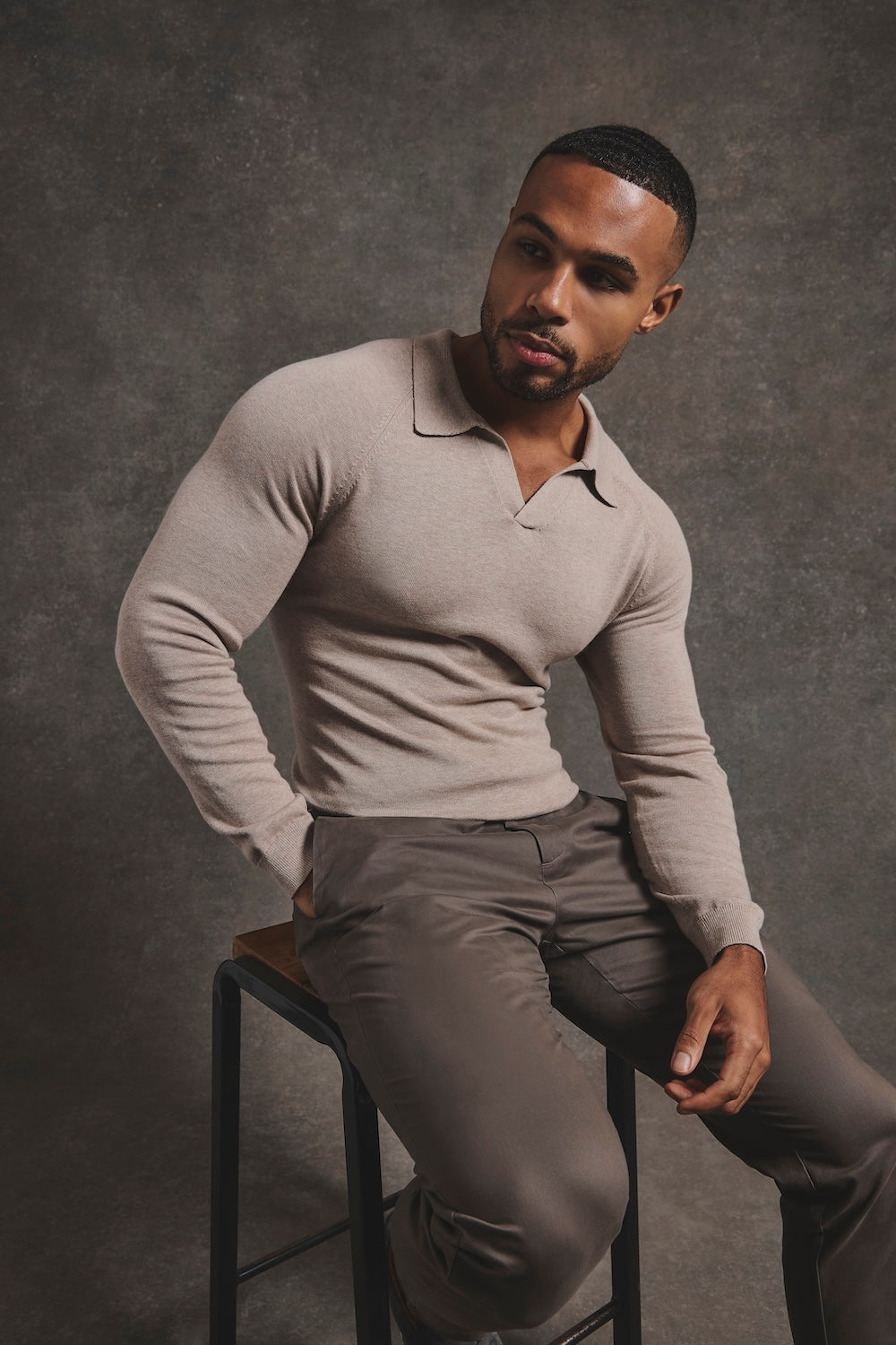 Pure Cotton Knitted Open Collar Polo Shirt in Neutral Marl