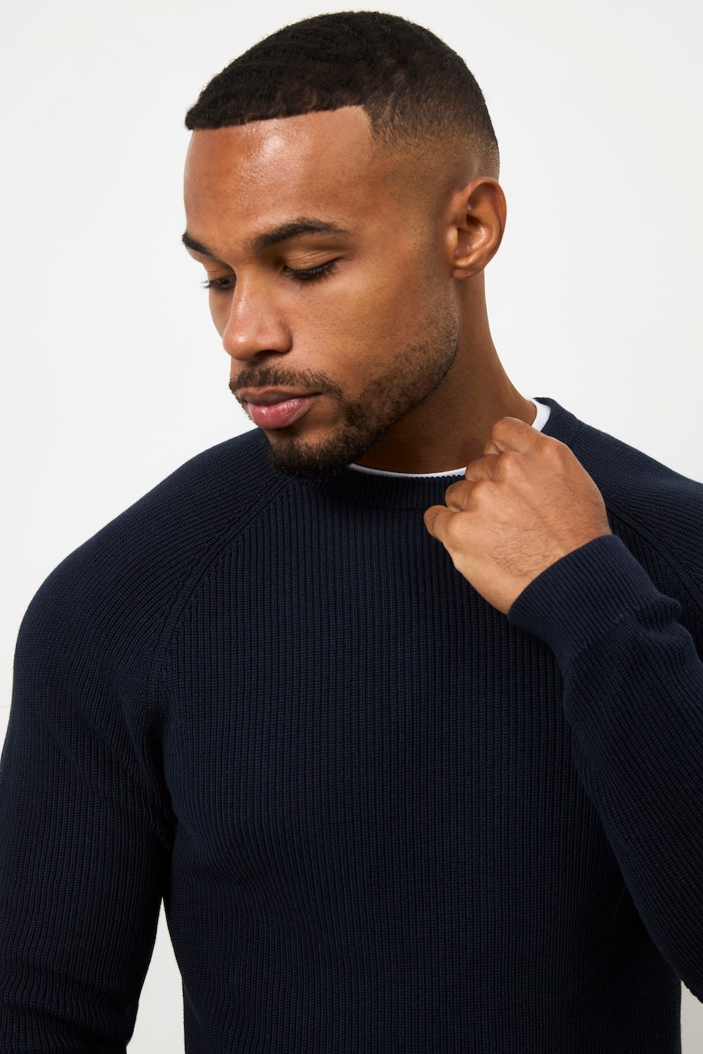Pure Cotton Knitted Textured Crew Neck Jumper in Navy