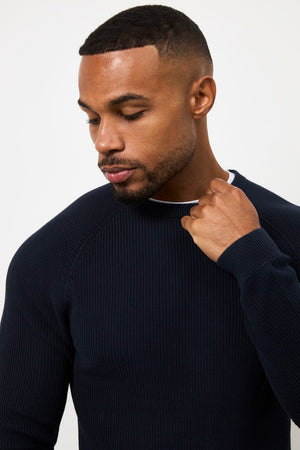 Pure Cotton Knitted Textured Crew Neck Jumper in Navy