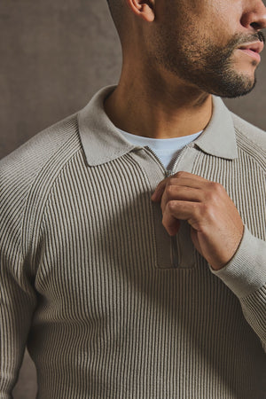 Cotton Textured Knitted Half Zip Polo Shirt in Stone