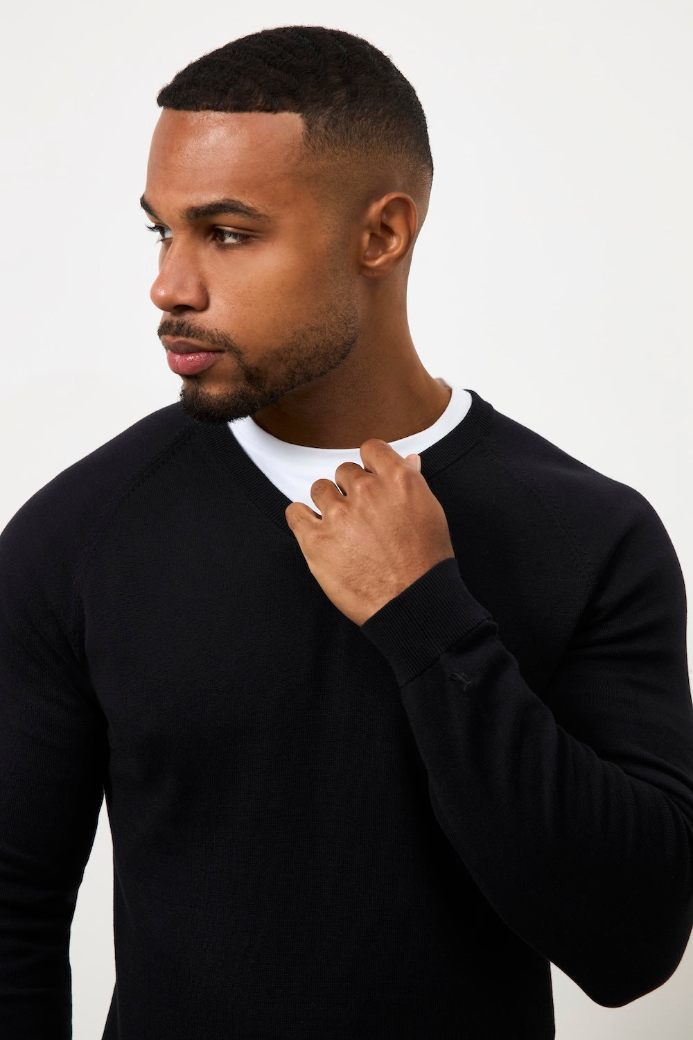 Pure Cotton Knitted V-Neck Jumper in Black