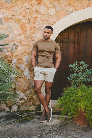 Muscle Fit Stretch Chino Shorts - Shorter Length in Stone