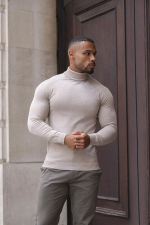 Cotton Blend Roll Neck Jumper in Neutral Marl