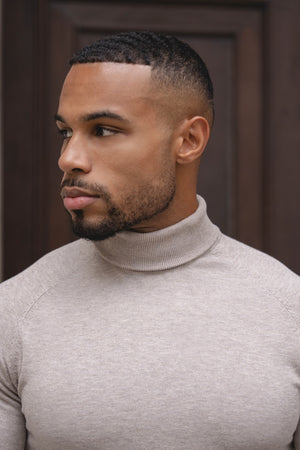 Cotton Blend Roll Neck Jumper in Neutral Marl