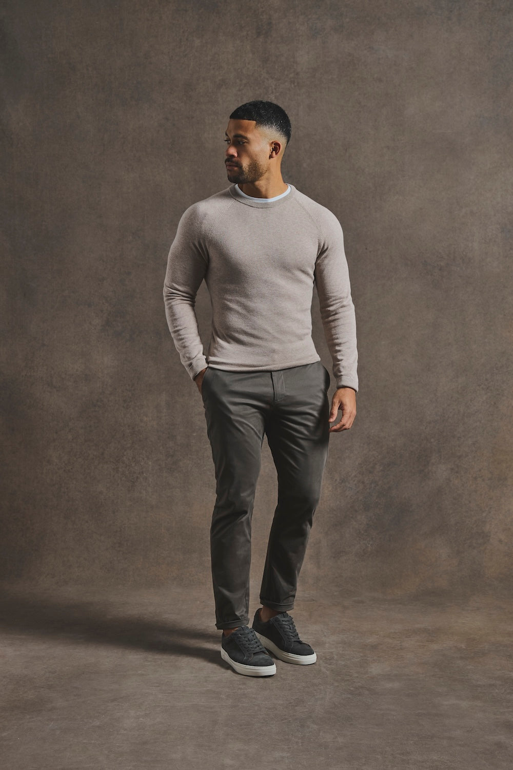 Pure Cotton Knitted Crew Neck Jumper in Neutral Marl