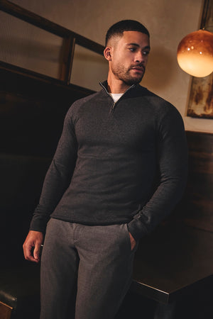 Pure Cotton Knitted Half Zip Neck Jumper in Dark Charcoal Marl