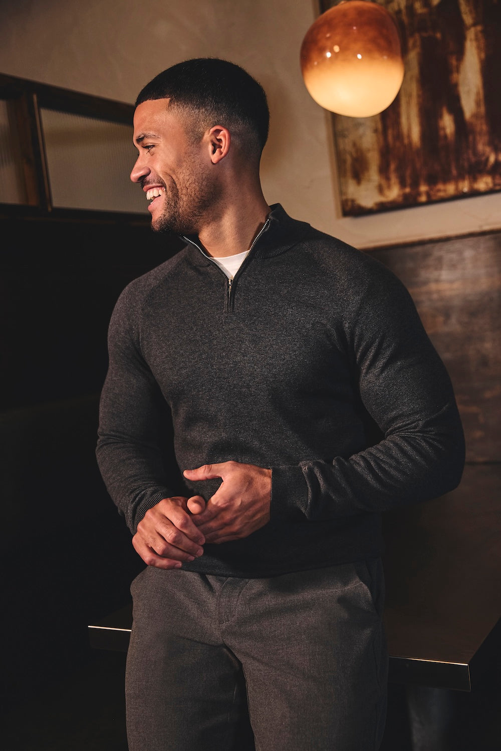 Pure Cotton Knitted Half Zip Neck Jumper in Dark Charcoal Marl