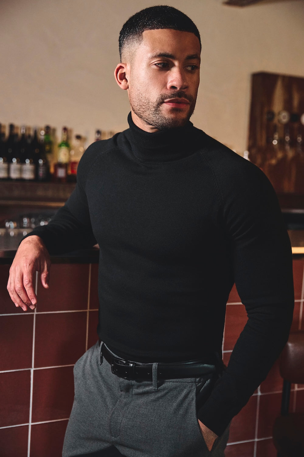 Cotton Blend Roll Neck Jumper in Black