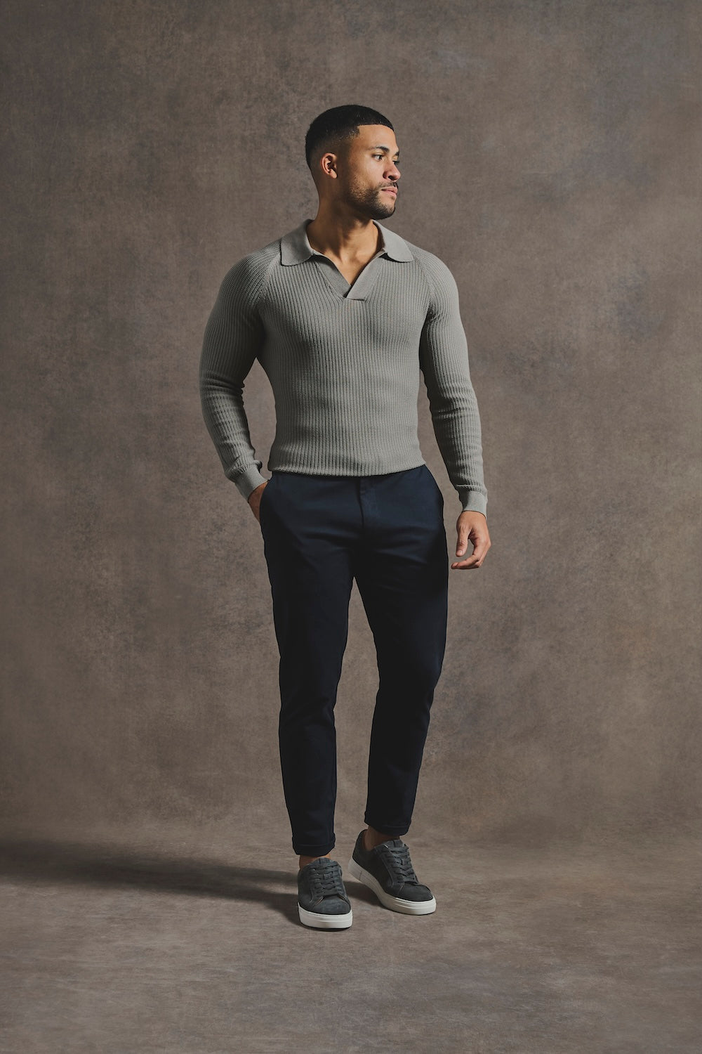 Cotton Textured Knitted Open Collar Polo Shirt in Mole