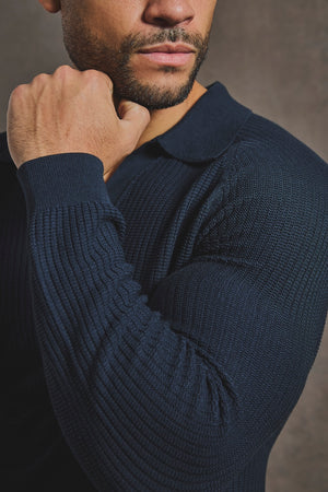 Cotton Textured Knitted Open Collar Polo Shirt in Navy