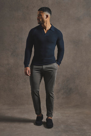 Cotton Textured Knitted Open Collar Polo Shirt in Navy