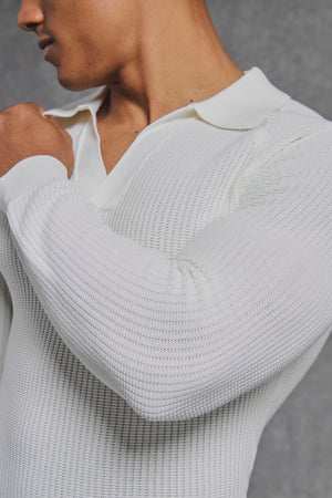 Cotton Textured Knitted Open Collar Polo Shirt in Winter White