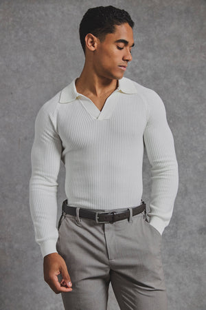 Cotton Textured Knitted Open Collar Polo Shirt in Winter White