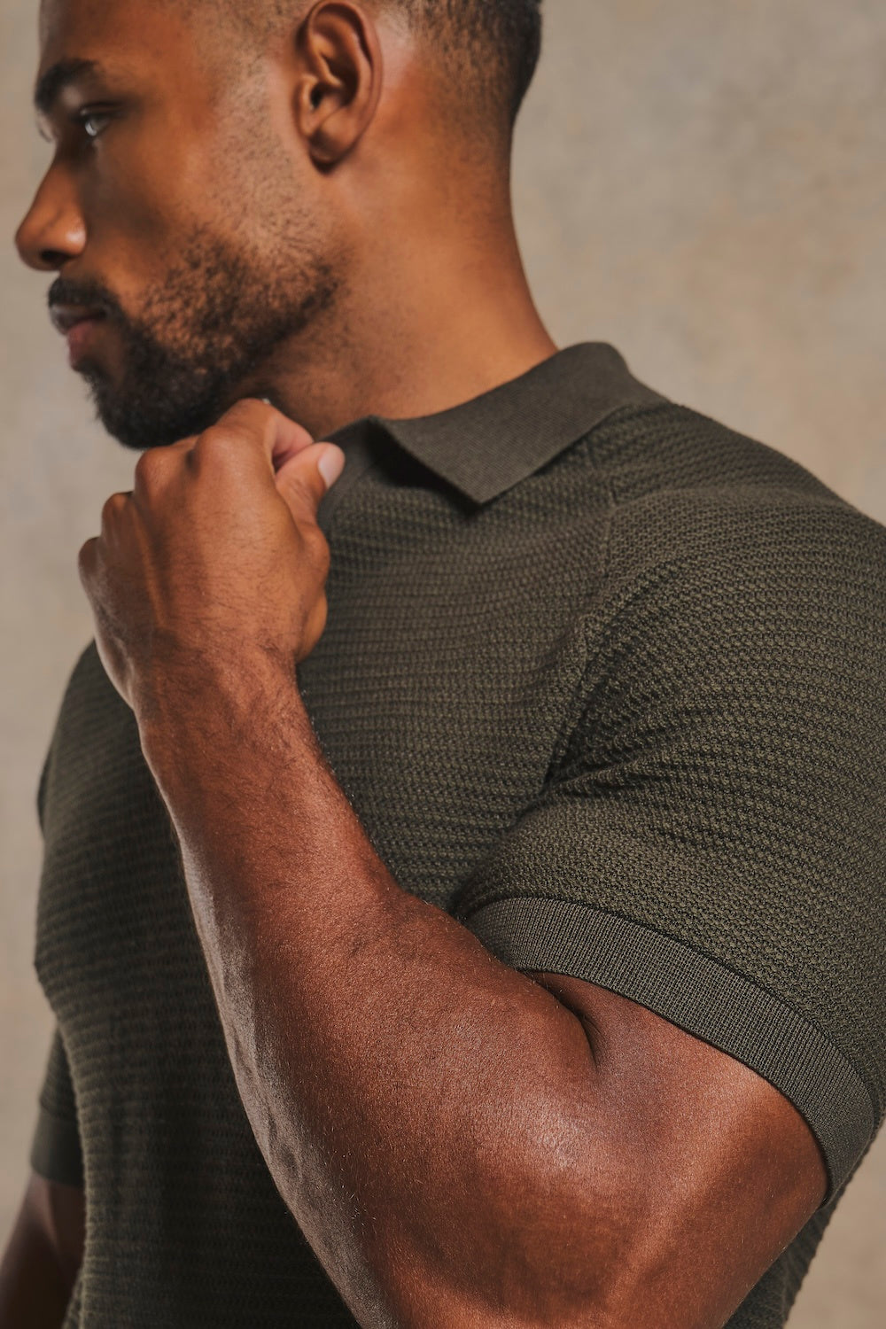 Textured Knitted Open Collar Polo Shirt in Dark Olive