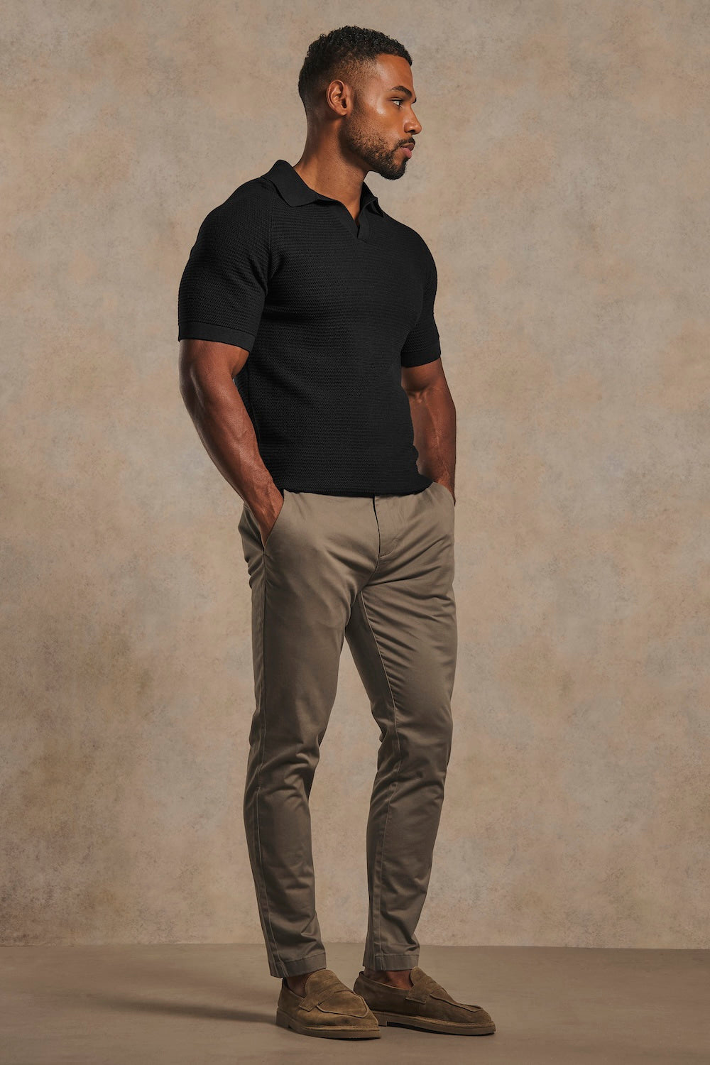 Textured Knitted Open Collar Polo Shirt in Black