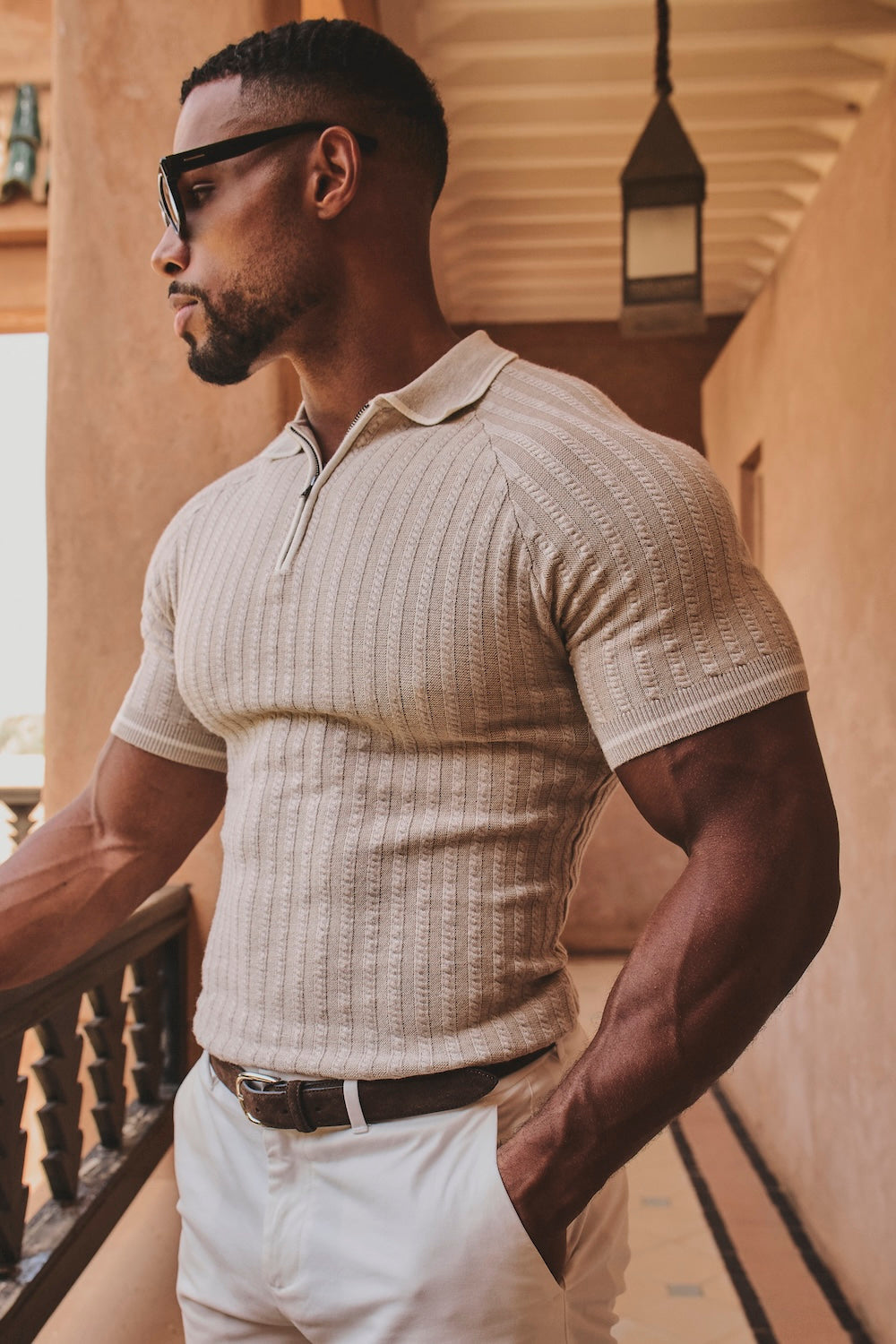 Tipped Cable Knitted Zip Polo Shirt in Neutral
