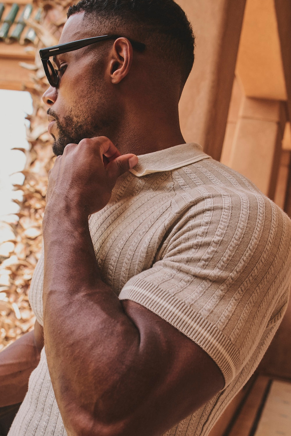 Tipped Cable Knitted Zip Polo Shirt in Neutral
