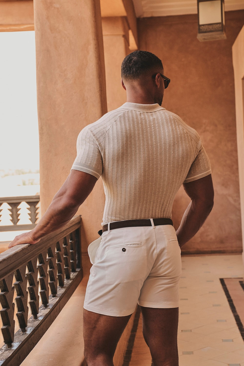 Tipped Cable Knitted Zip Polo Shirt in Neutral
