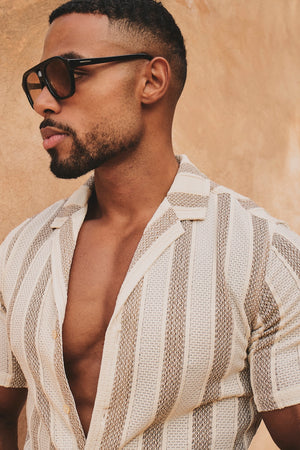 Stripe Crochet Cuban Collar Shirt in Neutral