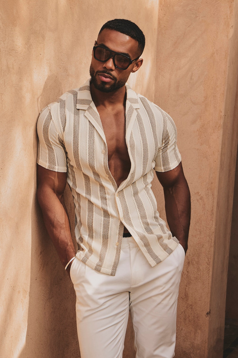 Stripe Crochet Cuban Collar Shirt in Neutral