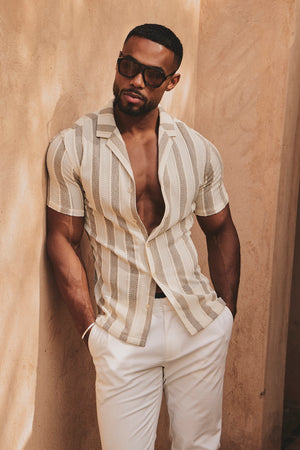 Stripe Crochet Cuban Collar Shirt in Neutral