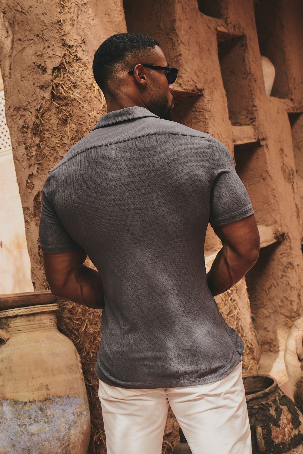 Linear Textured Cuban Collar Shirt in Slate Grey
