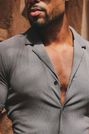 Linear Textured Cuban Collar Shirt in Slate Grey