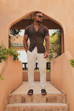 Linear Textured Cuban Collar Shirt in Chocolate