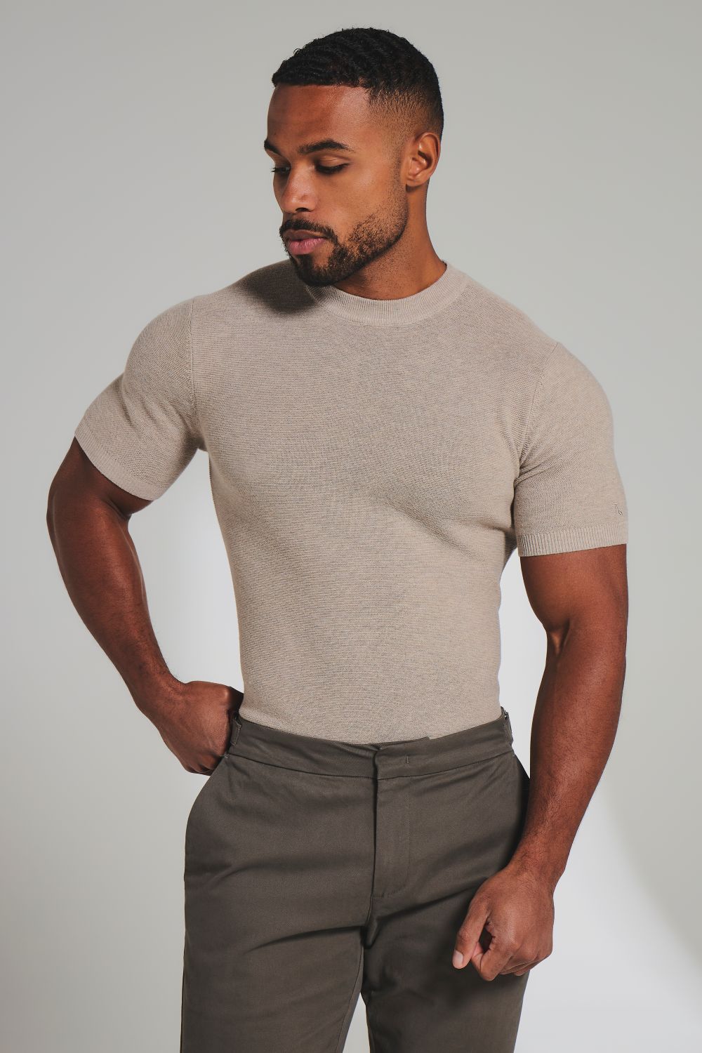 Textured Knitted Crew Neck T-Shirt in Neutral