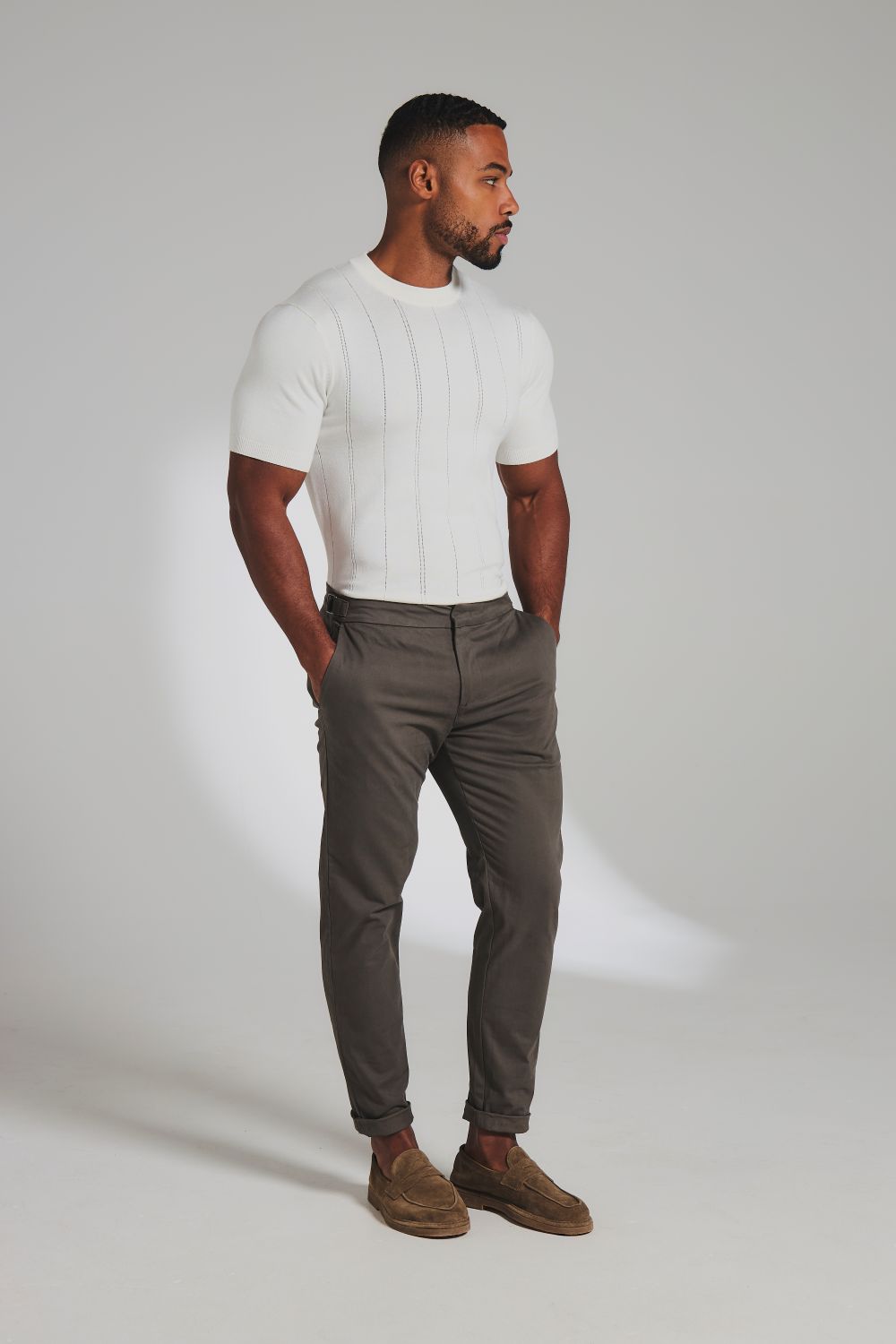 Vertical Stripe Knitted T-Shirt in Chalk