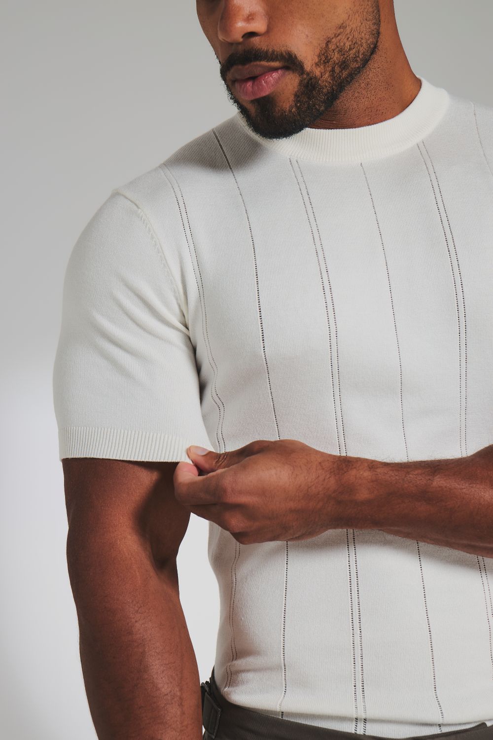 Vertical Stripe Knitted T-Shirt in Chalk